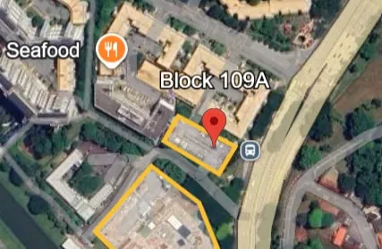 Satellite map of the Block 109A multi-storey carpark in Clementi, a small plot outlined in yellow, with the Albert Winsemius Lane site outlined just below it