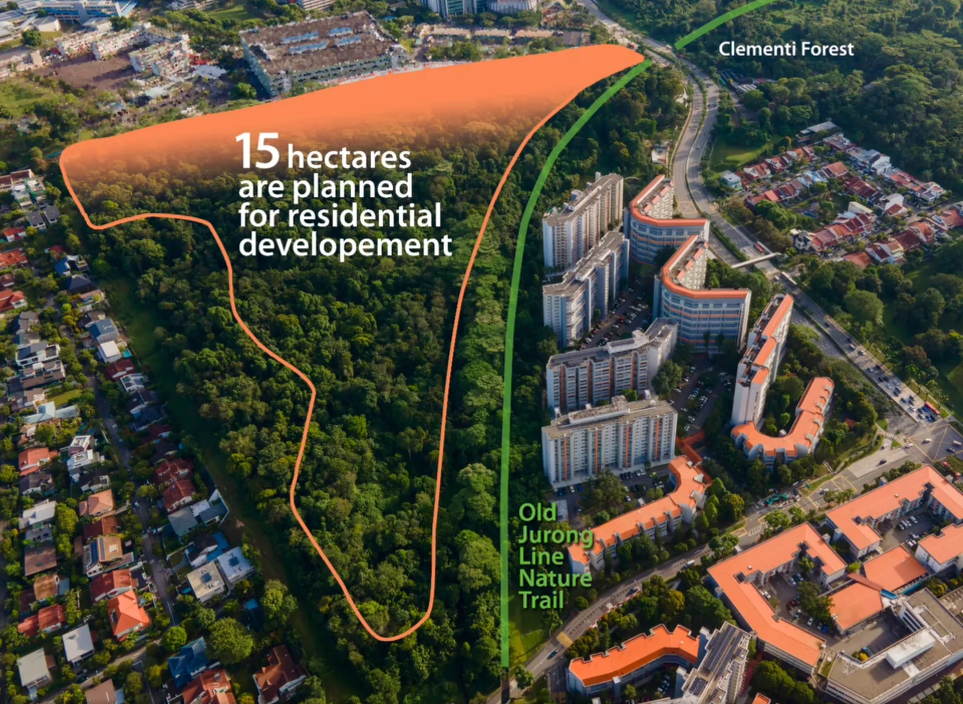 Aerial view of Maju Forest with the proposed 15-hectare residential development area outlined in orange, the Old Jurong Line Nature Trail marked in green, and Clementi Forest to the north-east.
