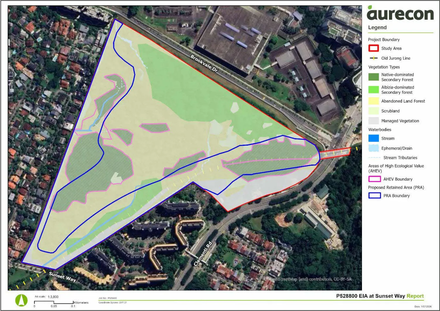 Environmental Impact Assessment habitat map of the Sunset Way study area: vegetation types (native and Albizia-dominated secondary forest, scrubland), streams, Areas of High Ecological Value outlined in pink, and the Proposed Retained Area outlined in blue.