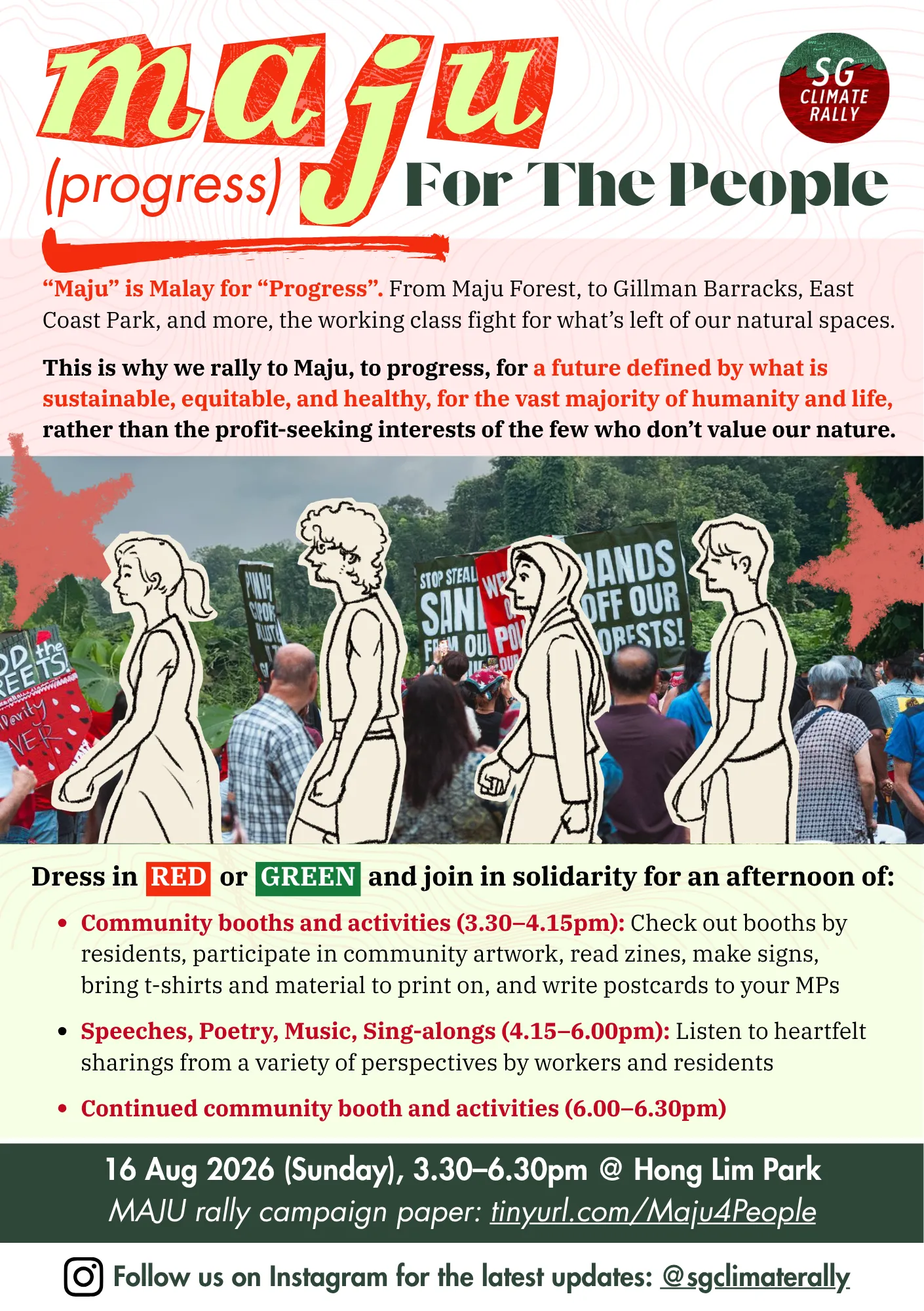 Rally flyer — MAJU (progress) for the People, SG Climate Rally, Sunday 16 August 2026, 3.30 to 6.30pm at Hong Lim Park.