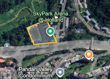 Satellite map of SkyPark Arena @ Holland, a small sports ground outlined in yellow beside the road, with Pandan Valley Condominium across it
