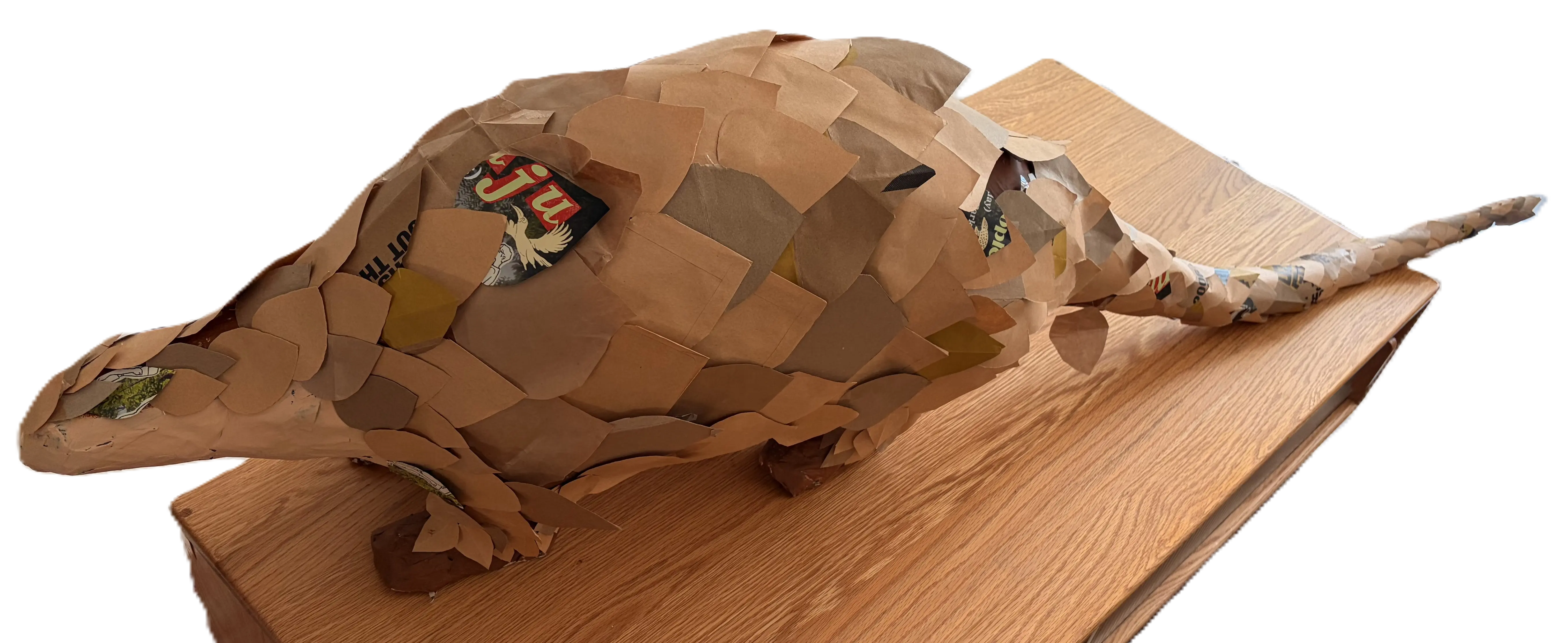 A life-size pangolin sculpture with overlapping scales cut from brown paper and Save Maju Forest campaign posters, made by Sunset Way residents